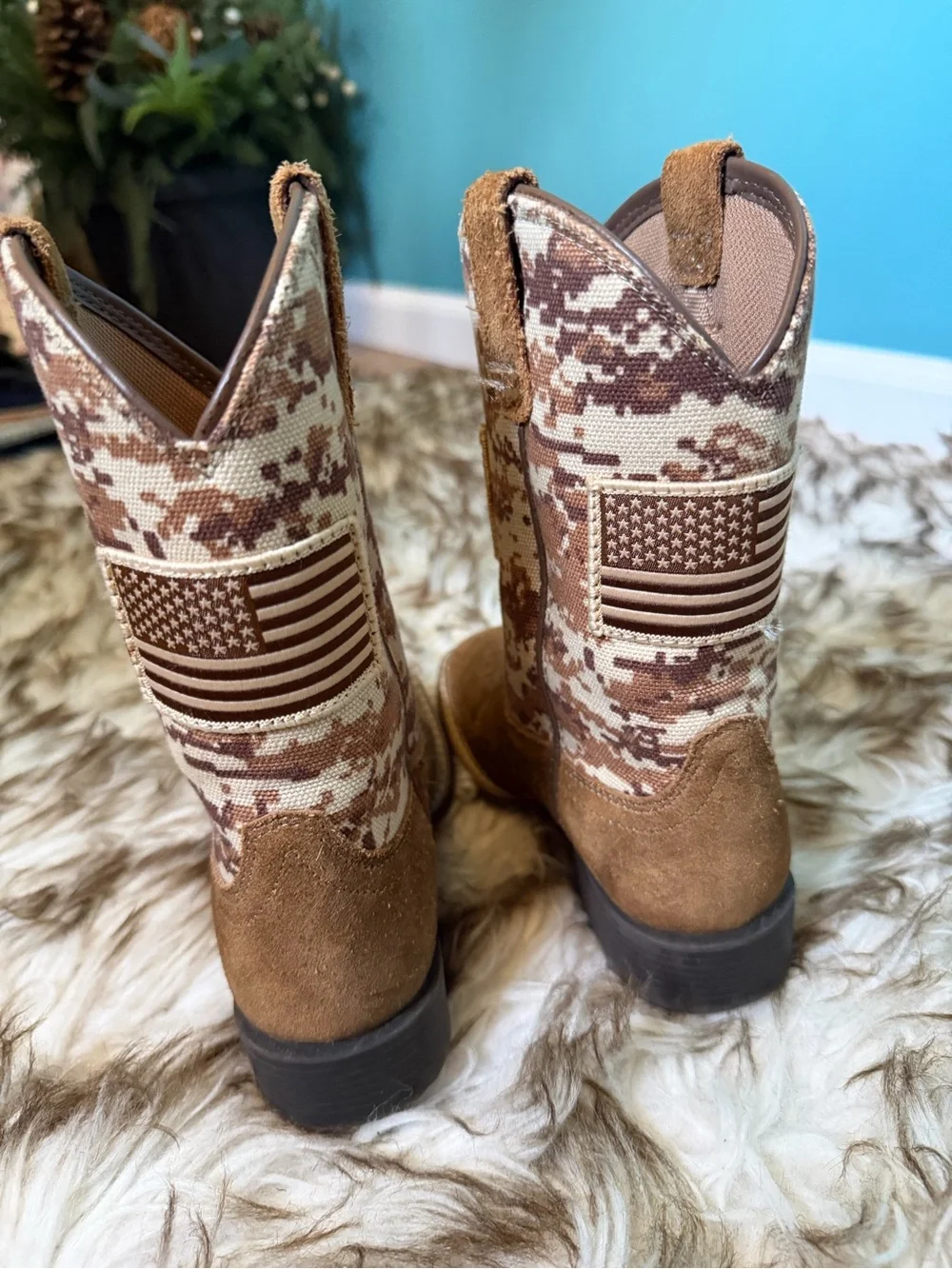 Ariat Kids Sport Patriot Western Boots Suede Camo American Flag Square Toe US 11